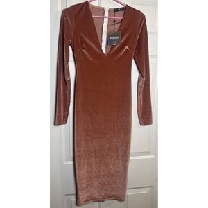 NWT Missguided Velvet Midi Dress‎ Mauve Long Sleeve Bodycon Plunge Size 4